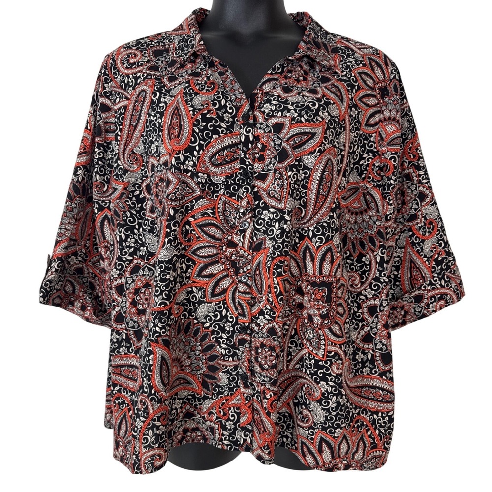 Catherines Paisley Blouse Women 3XWP Black Orange 3/4 Sleeve Button Front Career